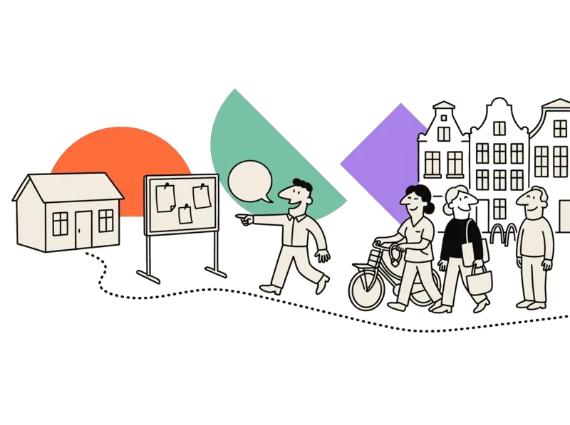 Illustratie van de route van een bericht van kantoor naar collega&rsquo;s in de wijk, met de teamleider als schakel.